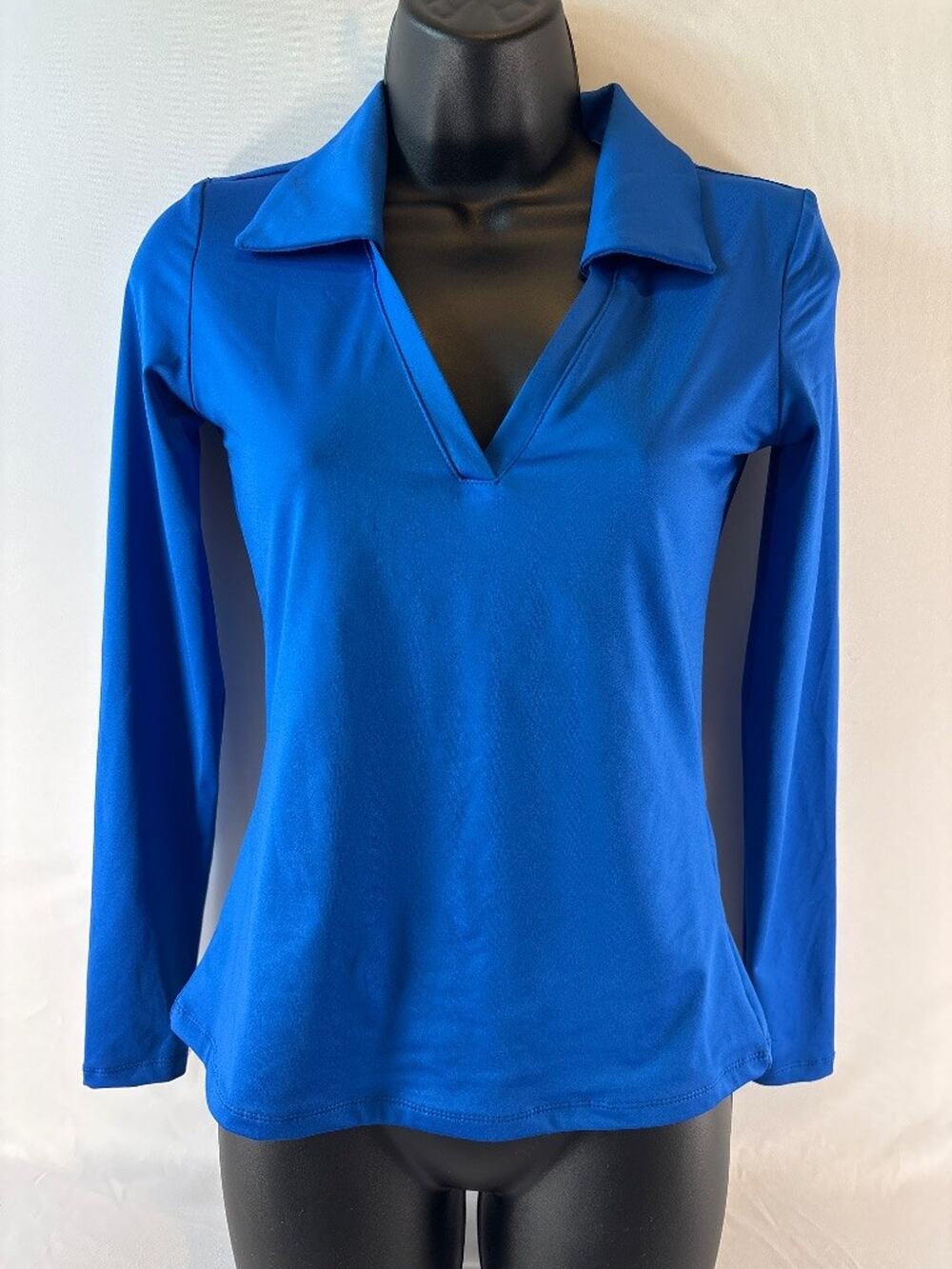 Boston Proper Royal Blue V-Neck Collar Top XXS Long Sleeve Classic Stretch